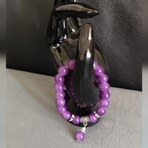 Purple and Golden Floral Cluster Round Clip-On Earrings + Bracelet